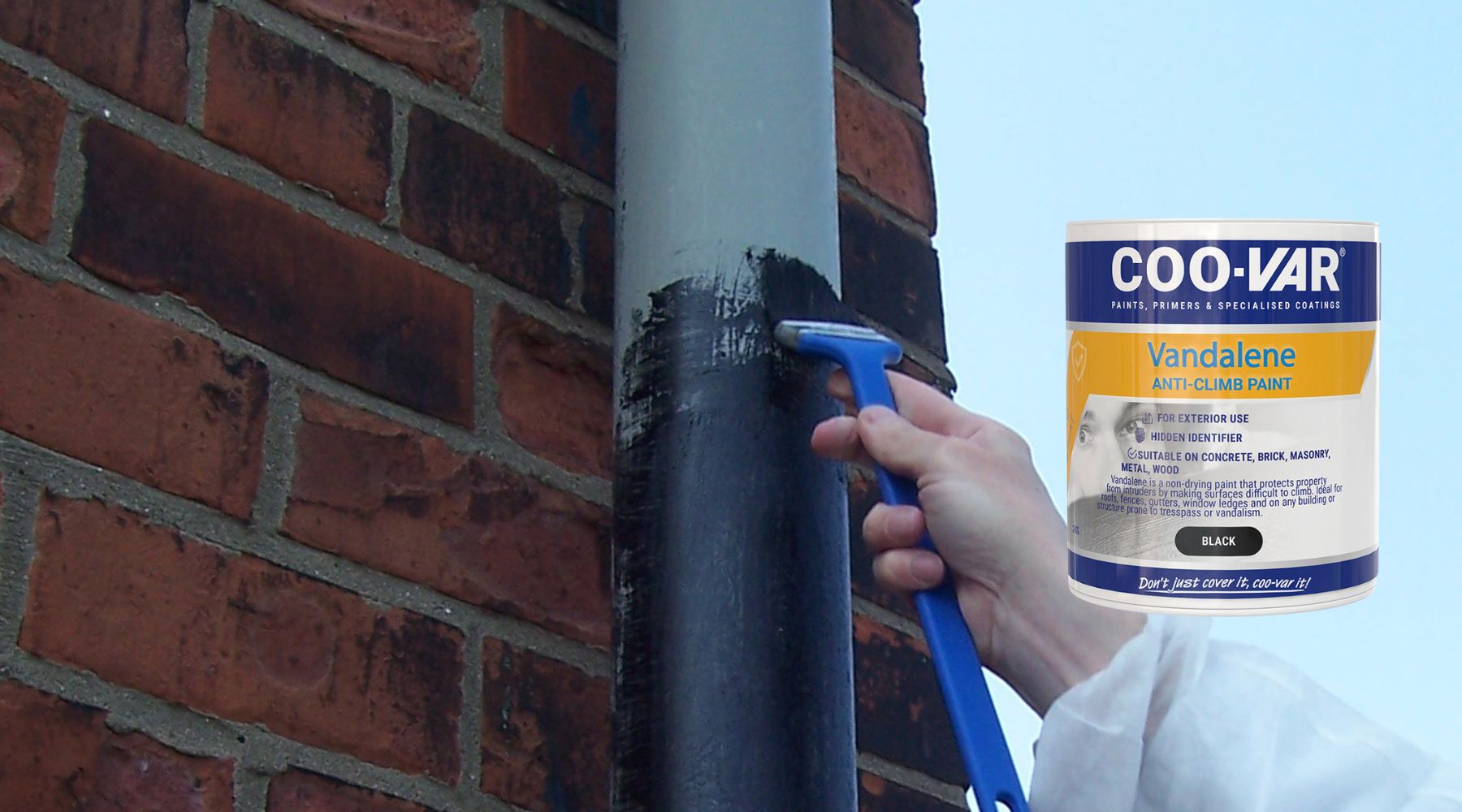 how to apply anti-climb paint for UK property security – Coo-Var Vandalene Anti-Climb Paint in black, designed to prevent intruders by creating a slippery, non-drying surface for walls, fences, and ledges.