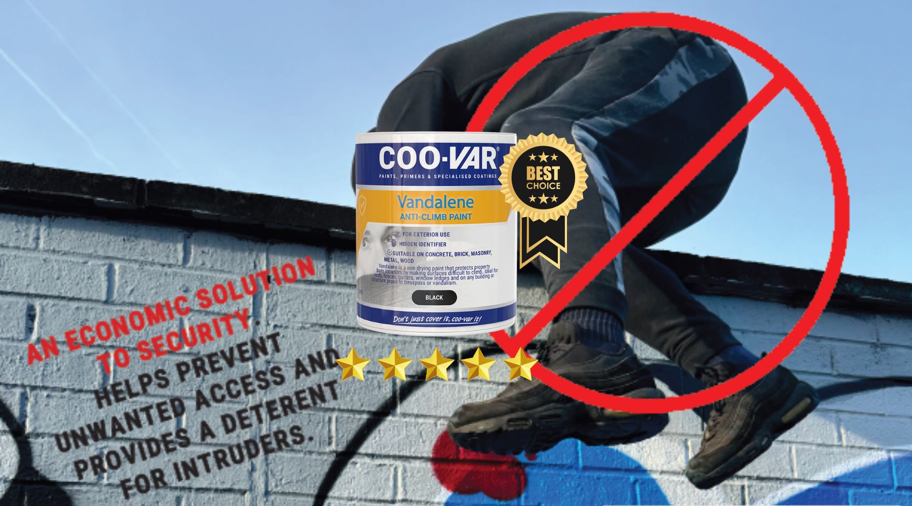 Best anti-climb paint for UK property security – Coo-Var Vandalene Anti-Climb Paint in black, designed to prevent intruders by creating a slippery, non-drying surface for walls, fences, and ledges.