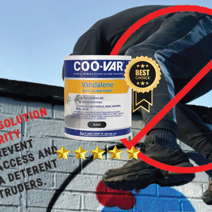 Best anti-climb paint for UK property security – Coo-Var Vandalene Anti-Climb Paint in black, designed to prevent intruders by creating a slippery, non-drying surface for walls, fences, and ledges.