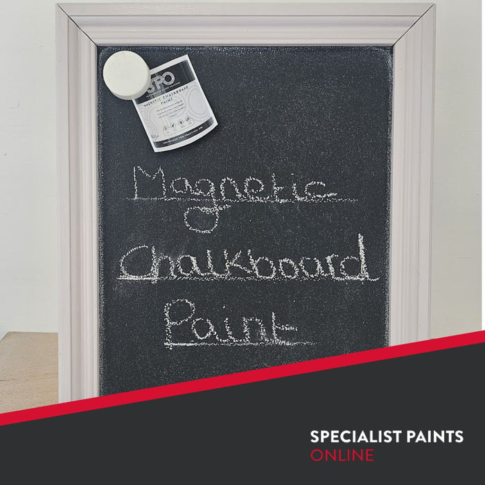 SPO Magnetic Chalkboard Paint Showing Magnetic and Chalk Writing Dual Functions